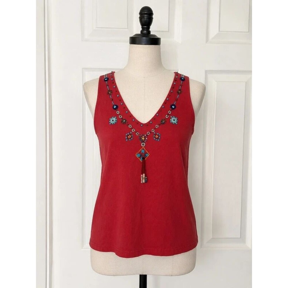 Red Orange Turquoise Beaded Boho Tank Top Small